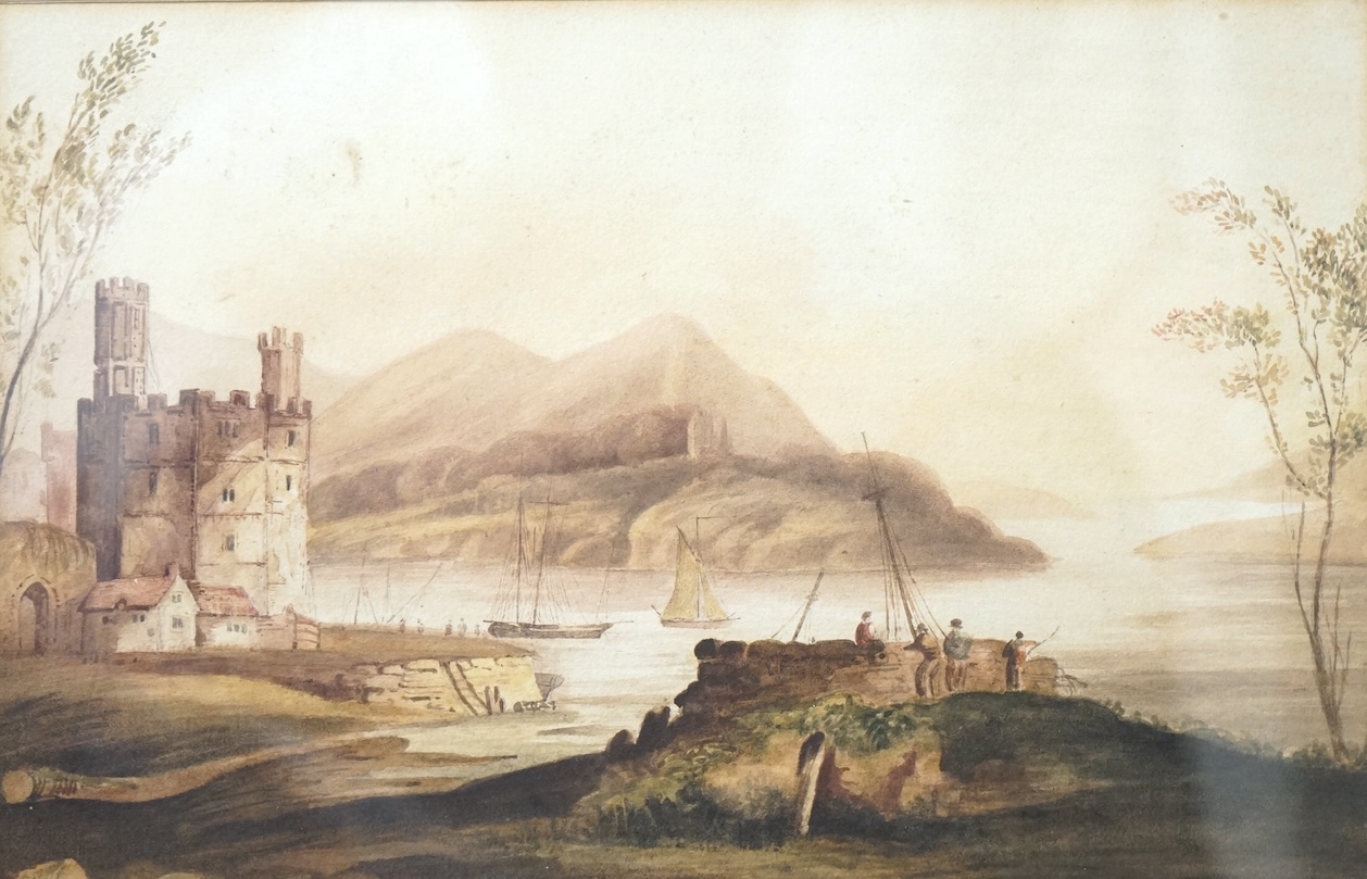 19th century, English School, Castle and lake, watercolour, 16.5 x 24.5cm
